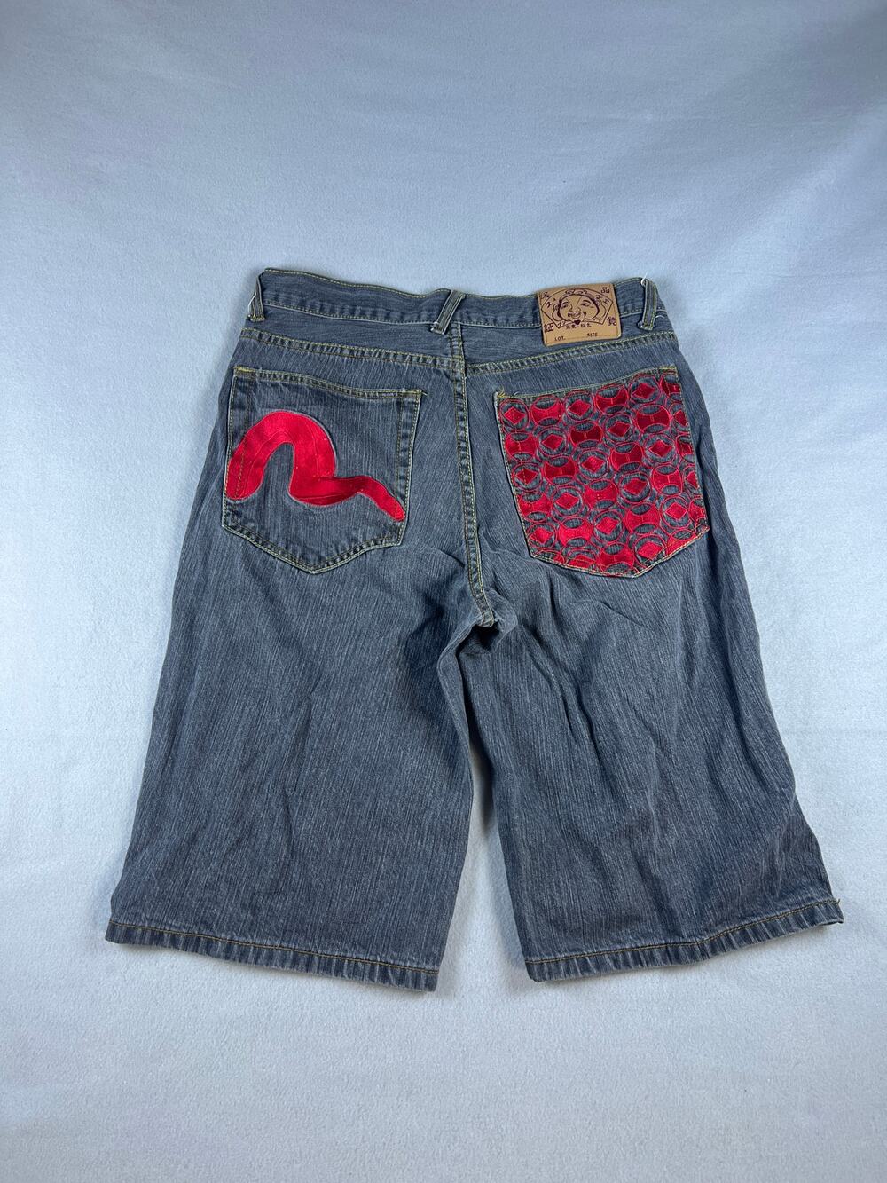 Vintage Evisu Denim Shorts Mens 32 Black Embroidered Pockets Baggy Skater Y2K